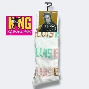 Elvis King of Rock Crew Socks Novelty White Multicolor Unisex One Size 7-12